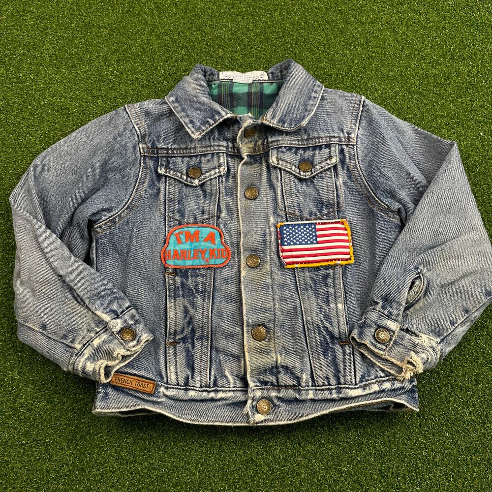 Vintage 90s French Toast Light Wash Denim Harley Motorcycle Patch Jacket Sz 6